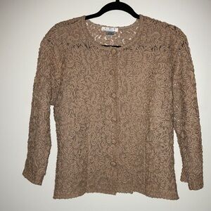 Wool Lace Textured Sheer Knit Tan Brown Cardigan Fitted Jacket Work Button Down